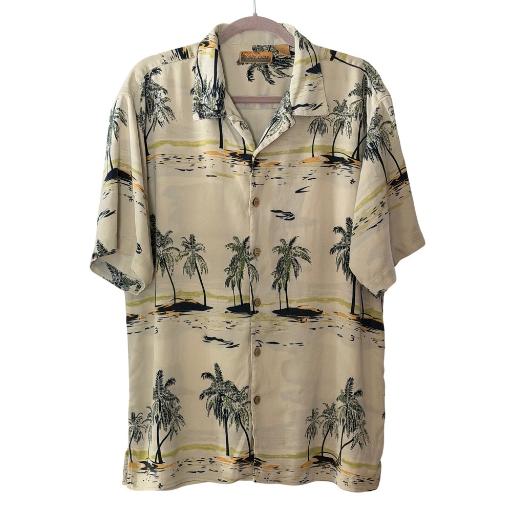Bobby Chan Men's L Beige Silk Button Down Short Sleeve Hawaiian Shirt | SKU 1076